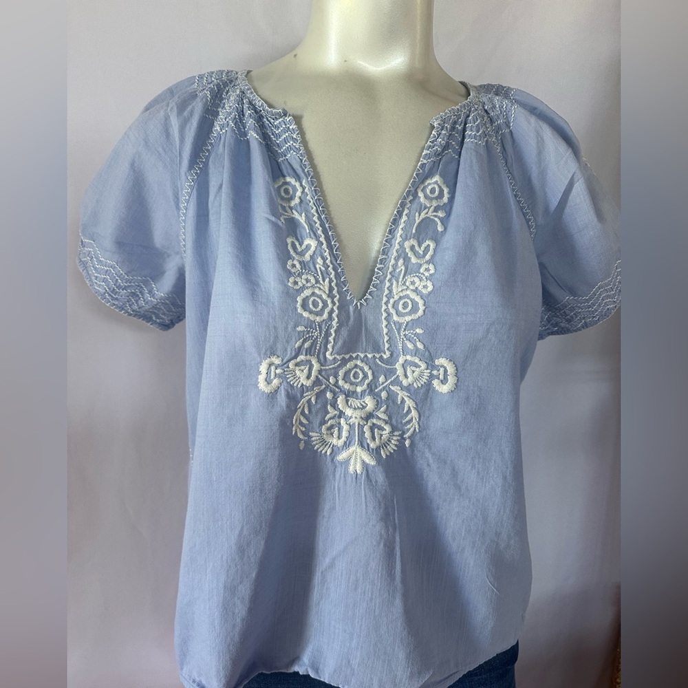 J. Crew Light Blue Blouse with White Embroidery